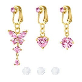LAURITAMI 3pcs Fake Belly Button Bar Ring Clip on Non Piercing Silver Gold Dangle Belly Button Jewellery with CZ Heart Butterfly