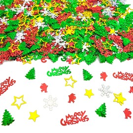 Amrzsallez Christmas XMAS Confetti - Festive "Merry Christmas" Letters, Santa Claus, Gold Stars, Christmas Trees, Holographic Snowflakes, PVC Material, Perfect for Holiday Party Decorations