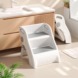 Vanpolchy Step Stool for Toddlers – Foldable Toddler Step Stool for Bathroom Sink, 100lbs Load Bearing Non-Slip Kids Stool with Handles and Anti-Tip Design - Potty Training Stool for Ages 2+ (1.Grey)