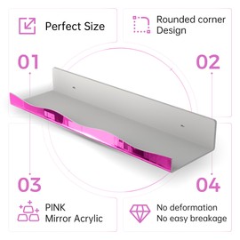 YMVV 15.7 in Large Pink Reflective Acrylic Mounted Floating Shelf, Perfume Organizer Shelf, Modern Bathroom Storage Toy Display Organizer Decor 4 Pack