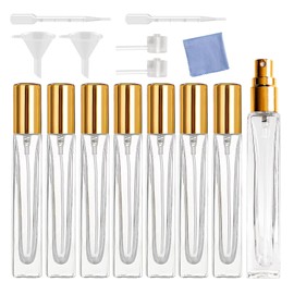 AGENIZ 8PCS 10ml Perfume Spray Bottle, Refillable Glass Spray Bottle, Mini Portable Travel Glass Square Spray Bottle,Small Fine Mist Spray Bottle, Essential Oil Sample Spray Bottle (10ML/Gold)