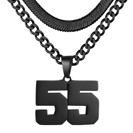 KLIFOWDY Number Necklace, Layered Necklace for Men, Jersey Number Necklace for Boy Athlete, 18+20 In Black Chain for Men With Number 55 Pendant, Basketball Football Baseball Number Necklaces for Boys