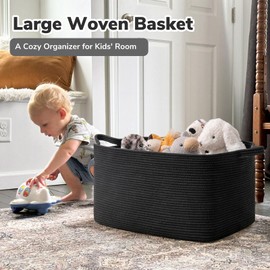 Goodpick Large Blanket Basket Living Room, 21.6" x 14.9" x 11.8" Woven Storage Basket for Blankets, Toys, Rectangle Rope Dirty Clothes Baskets for Nursery, Bedroom, Black