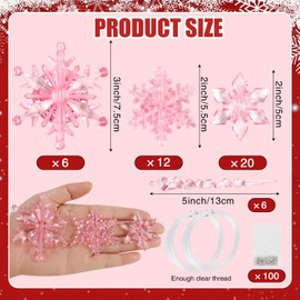 CCINEE38pcs Christmas Snowflake Icicle Ornament,Pink Acrylic Icicle Snowflake Drop Pendant Crystal Hanging Ornaments with String for Christmas Tree DIY Craft Home Decoration