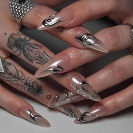 BABALAL Nails Press on Medium Almond Fake Nails Sliver Chrome Design Acrylic Supplies Heart False Nails Y2k Manicure Stiletto Full Cover Artificial Art Diy Gel Nails for Women