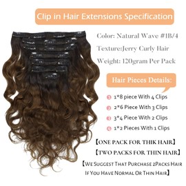 LacerHair Ombre Two Tone Natural Wave Human Hair Curly Clip in Hair Extensions 16Inch 120G 7Pcs Double Weft Natural Black Fading into Chocolate Brown Clips in Full Head Wavy Thick Real Remy Hair