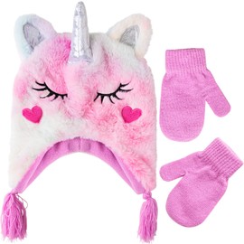 Toddler Winter Hat and Mittens for Girls Ages 2-4 Years Old, Fleece Lined Hat & Kids Gloves Set (Multicolor Unicorn- Mittens)