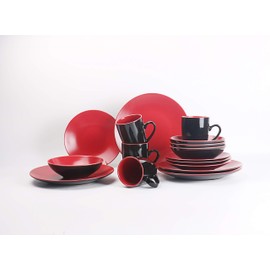 HomeVss Stoneware Two-Tone Colors Life 16pc Dinner Set， Outside Shiny Black + Inside Matee Glaze Red
