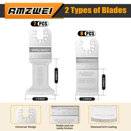 AMZWEI 15PCS Diamond Oscillating Tool Blades, Curved Edge Long Multi Tool Blades for Grout Removal, Cleaning Mortar, Fit Dewalt Milwaukee Rockwell Ridgid Ryobi Chicago Craftsman.(Thickness: 1/13 Inch)