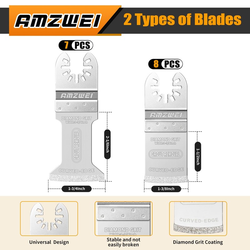 AMZWEI 15PCS Diamond Oscillating Tool Blades, Curved Edge Long Multi