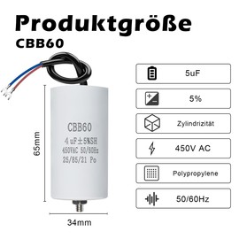 CBB60 450V 5µF 50/60HZ Capacitor, Capacitors, Starting Capacitor, Motor Capacitor, Motor Operating Capacitor, with Cables, M8, 34 x 65 mm, 5UF, for Motors, Swimming Pool Pumps, Wood Splitter