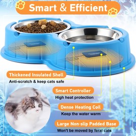 Dreyoo Heated Water Bowl for Outdoor Cats Stainless Steel Heated Cat Bowls Large Food Warmer, Double Heat Pet Bowl for Feral Cat Feeding Station Provide Non Freezing Food and Water(Black)