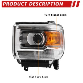 Headlight Assembly Compatible with 2014-2018 GMC Sierra 1500HD | 2015-2019 GMC Sierra 2500HD/ 3500HD Base/Denali/SLE/SLT Chrome Housing Amber Reflector Without LED Daytime Running lights Headlamp