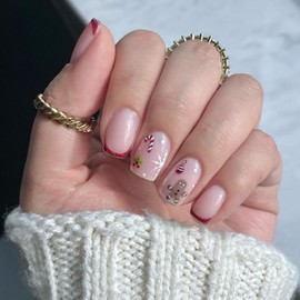 Christmas Press on Nails Medium Square Winter French Tip Fake Nails Pink Full Cover Gingerbread Man False Nails with Candy Cane Designs Glossy Glue on Nails Acrylic Artificial Nails for Women Girls