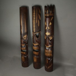 Set of 3 Hand-Carved Wood Tiki God Wall Hanging Masks 40 Inches High - Tropical Beach Home Decor - Symbolic Deities Kanaloa, Kāne, and Lono - Unique Artisan Craftsmanship