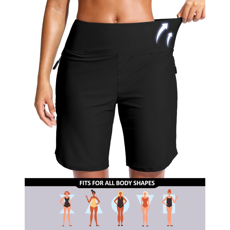 G Gradual Women's 9" Long Swim Board Shorts with Zipper