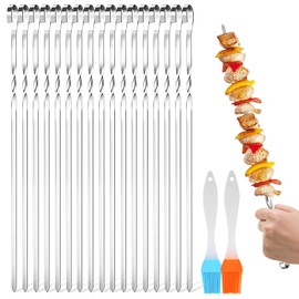 Pack of 24 Stainless Steel Barbecue Skewers, 30 cm Kebab Skewers, Flat Stainless Steel Barbecue Skewers, Avoid Rusting, for Outdoor and Garden Barbecue Parties (A)
