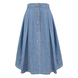 HERBATOMIA Midi Pleated Denim Skirt High Elastic Waist A-line Button Front Casual Flared Long Jean Skirts with Pocket for Women