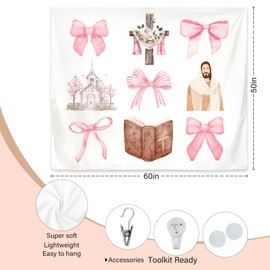 Exqcom Coquette Christian Tapestry, Bible Verse Wall Decor, Preppy Pink Bow Cross Religious Jesus Tapestries Wall Blanket for Girls Room Bedroom Dorm Apartment Decor, 50x60 Inch