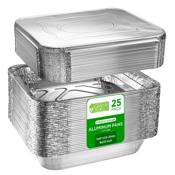 Green Direct Disposable Aluminum Pans With Lids 9x13 Baking Pan With Lid | 25 Heavy-Duty Half-Size Deep Steam Table Foil Pans With Lids For Cooking, Baking, Heating, Storing, And Food Prepping