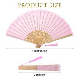 Grevosea 1 Pcs Folding Hand Fan, Pink Lace Vintage Retro Fabric Hand Held Chines/Spanish Foldable Fans for Men/Women Wedding Party Favor Performance Dance Home Decorations Festival Gift