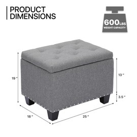 MoNiBloom 24 Inch Storage Ottoman Bench, Contemporary Grey Linen Foot Stool Upholstered Foam Padded Rectangular Fabric Tufted Bench Footrest for Living Room Bedroom Entryway with 660 Lbs Capacity