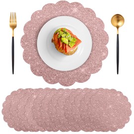 60 Pcs Rose Gold Glitter Paper Placemats, 13.5 Inch Disposable Scalloped Placemat Round Sparkle Table Place Mats Decorative Paper for Baby Shower Tea Garden Party Wedding Birthdays Banquet