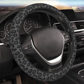 FJyuanqi Black Leopard Cheetah Steering Wheel Cover for Women Girls, Anti-Slip High Elastic Breathable Soft Rubber Car Steering Wheel Cover, Universal 15 Inch Fit for Cars, Auto, SUVs