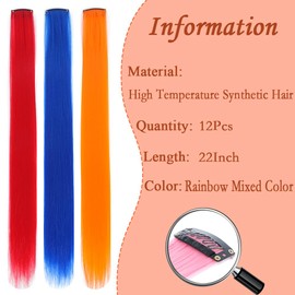 Eravauly Colored Hair Extension 12 Pack Clip in Hair Extensions 20 Inch Synthetic Rainbow Colored Hairpieces for Girls Kids Women - Party & Cosplay Accessories Gift