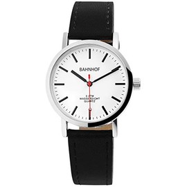 Bahnhof Men's Watch Black Silver Analogue Quartz Metal Imitation Leather Wrist Watch, black, Strap.