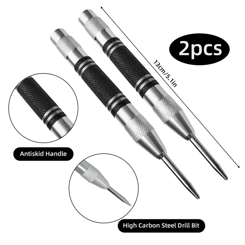 2 Pack Automatic Center Punch, Steel Adjustable One-Handed Spring Impact