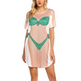 Ekouaer Bikini Shirts for Women Funny Short Sleeve Cute Bathing Suit Tshir Cover Up Loose Bikini Dress Mermaid S