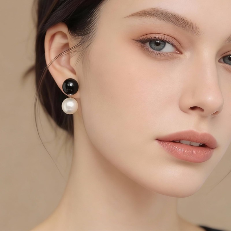 Black and White Earrings for Women, Vintage Hypoallergenic Front Back