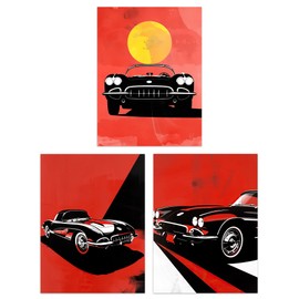 Artery8 Set of 3 Classic Sports Cars Modern Bold Red Living Room A4 Size Wall Art Prints Pack