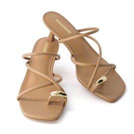 CUSHIONAIRE Maui Women’s Strappy Toe-Ring Slip On Kitten Heel – Vegan Leather Dress Sandal + Memory Foam, TAN 9