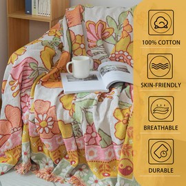 AMWAN Large 3 Cushions Floral Vintage Sofa Cover 71"x134", Cotton Crochet Aesthetic Couch Cover, Living Room Durable Loveseat Cover L Shaped Sofa Cover,Multifunctional Furniture Cover Orange Yellow