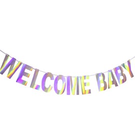 Blukey Holographic Welcome Baby Banner Hanging Bunting String Flag Iridescent White Baby Shower Decorations Banners and Signs