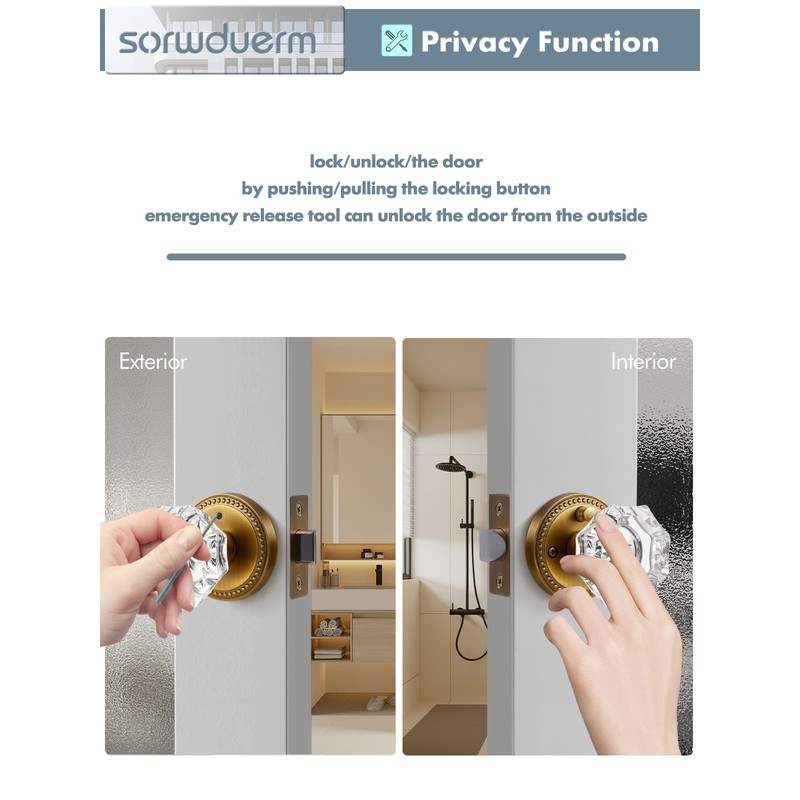 SORWDUERM Antique Brass Door Knobs Crystal Door Knob Interior Privacy