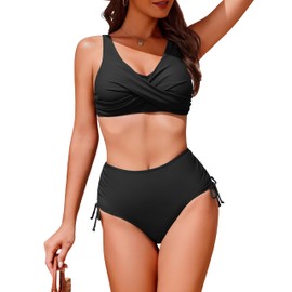 AI'MAGE Women's High Waisted Bikini Set Tummy Control Two Piece Swimsuit for Women Push Up Twist Front Bathing Suit 2025 Black
