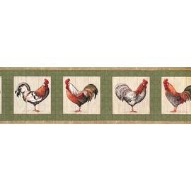 CONCORD WALLCOVERINGS ™ Wallpaper Border Vintage Country Pattern Roosters Wooden Frames for Farmhouse Dining Area, Green Cream Red Orange Beige, 15 ft by 7 in CP033203B