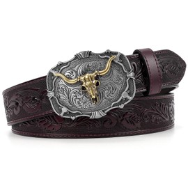 SANSTHS Cowboy Belt for Men and Women, Western Buckle Belt, Cowboy Belt Men's Embossed Leather for Jeans, Christmas Gifts, Belt, Bronze Bull Buckle - Coffee