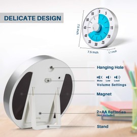 Secura 7.5-Inch Oversize Visual Countdown Timer, 60-Minute Kitchen Timer | Time Management Tool for Kids, Teachers and Adults (Blue)