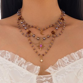 Roe Dolph Renaissance Necklace Crystal Sun Moon Star Fairy Pendant Rhinestone Long Layered Dainty Necklace for Women Statement Medieval Jewelry Gift