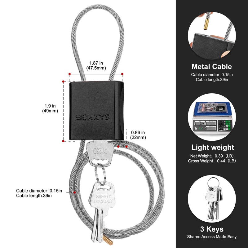 BOZZYS Cable Lock with 3 Keys | L 3.28ft(1m),D 1/6in(4mm)