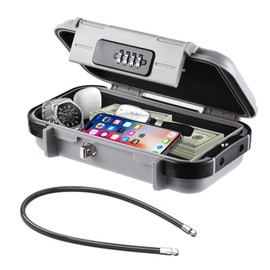 Hurinan Portable Safe with Code, Waterproof Anti-Theft, Travel Safe Combination Security Case, Lock Box with Removable Wire Rope, for Beach, Hotel, Office, Holiday (Grey)