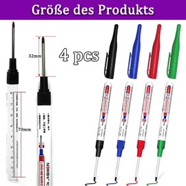 Caelura Deep Hole Marker, Pack of 4 Drill Hole Marker Pens, 32 mm Tip Depth Hole Marker, Marker Pen for Wood, Plastic, Wall, Metal, Cardboard Construction Site Pen (Black, Blue, Red, Green)
