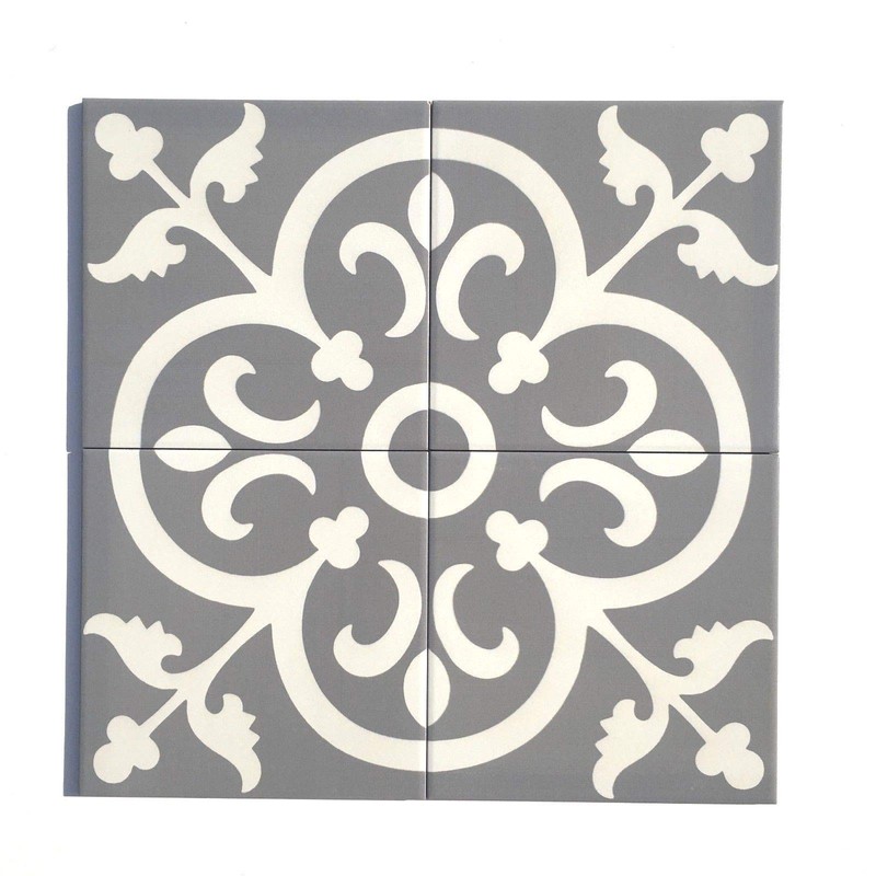 Flora Encaustic Soft Gray White 8x8 Satin Glaze Ceramic Tile