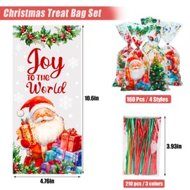 DIYASY Christmas Cellophane Treat Bags, 160 Pcs Xmas Goodie Bags Plastic Candy Bag Clear Food Snack Bag with Twist Ties Small Gift Goody Bags for Cookies Party Favor Supplies