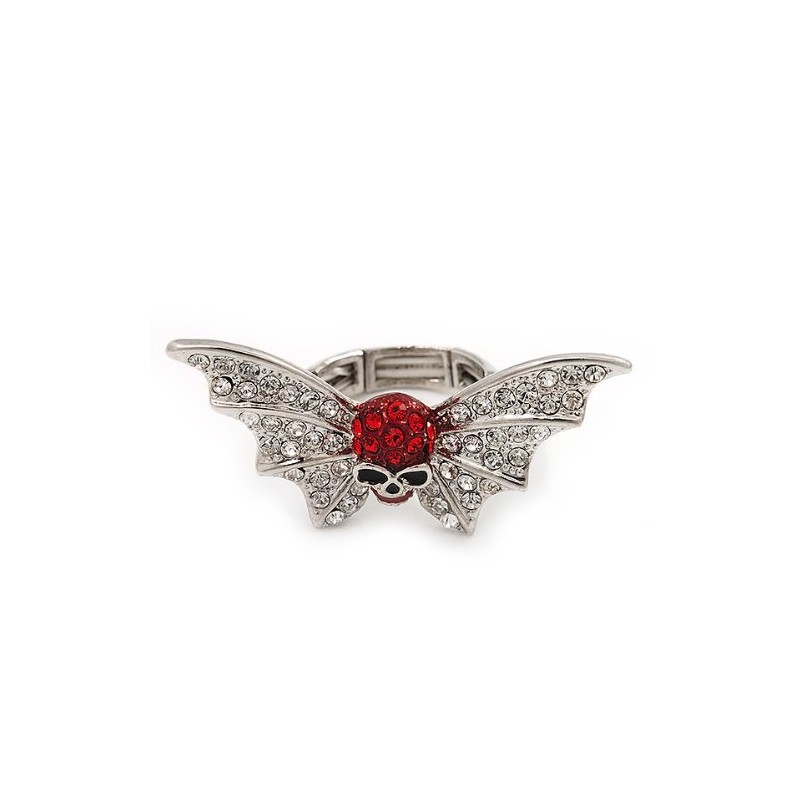 Avalaya Clear/Red Crystal Skull and Wings Stretch Ring/Silver Tone/4.5cm Across/Size