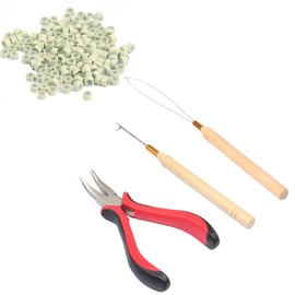 FeiHong Micro Links Hair Extensions Tools Kit, 200 Pieces Silicone Lined Micro Rings Bead, Plier, Hair Pulling Hooks and Beads Device for Professional Hair Styling Tools Accessory (Beige)